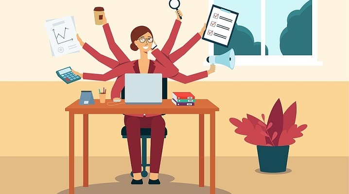 an illustration of a busy female CEO with several arms