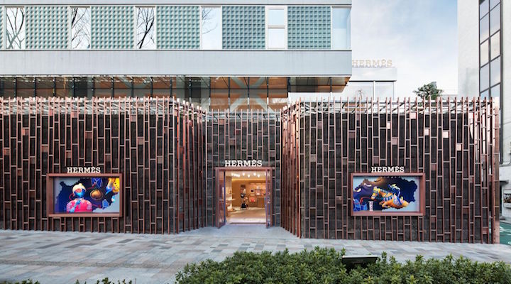 Exterior, the Louis Vuitton Tokyo Omotesando store. Facade is