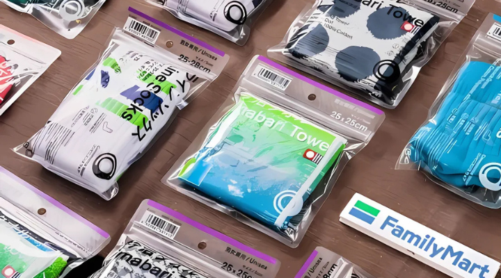 Family Mart Convenience Wear including socks, towels, and shirts in ziplocked packaging