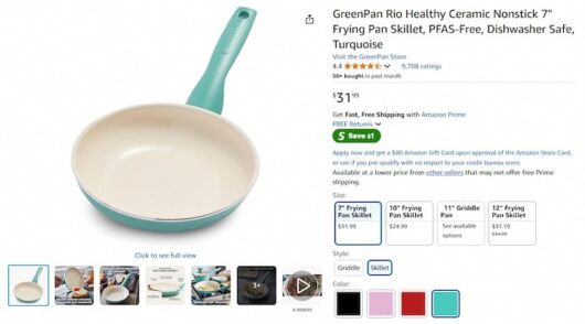 A GreenPan frying pan labeled as made in China