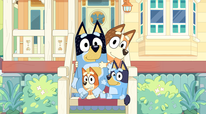 An illustration of the cartoon dog Bluey and her family