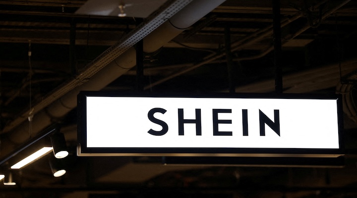 A Shein logo is seen at the first physical space of Chinese online fast-fashion retailer Shein on its opening day inside the Le BHV Marais department store, the Bazar de l'Hotel de Ville, in Paris