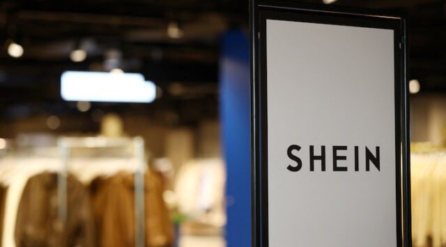 A Shein logo is seen at the first physical space of Chinese online fast-fashion retailer Shein