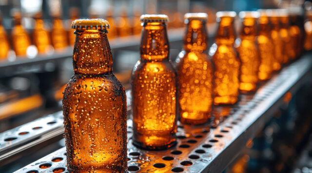 Crates of vibrant glass bottles containing various beverages are displayed on a production line.