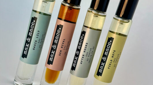 Four travel-size bottles of Max & Mace.